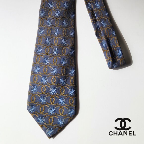 CHANEL Men's Vintage Tie 100% Silk Made in Italy blue with chain CCs - Picture 1 of 5